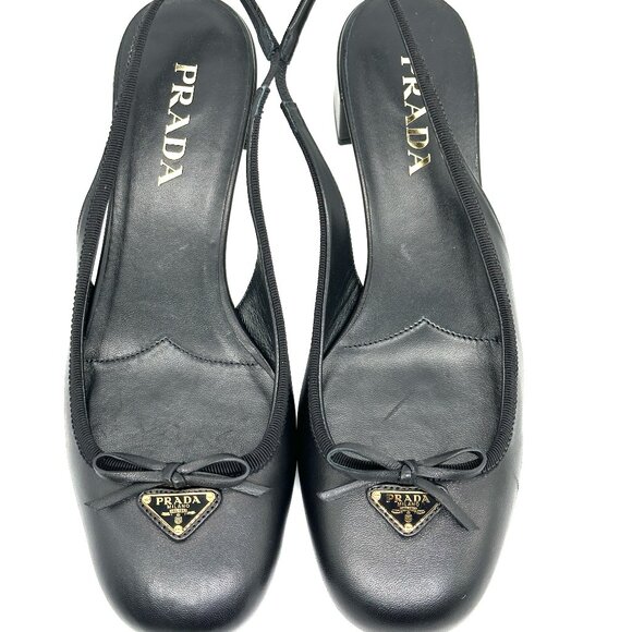 PRADA Triangle Logo Bow Leather Slingback Ballerina Pumps Heels Sandals - Picture 15 of 16